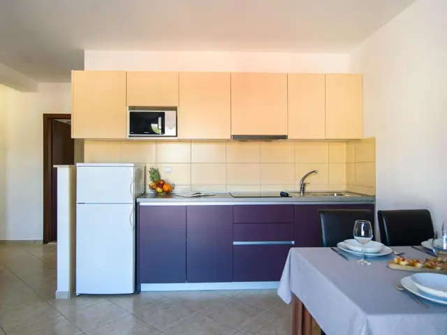 Kitchen of an apartment at California Apartments with a dining table